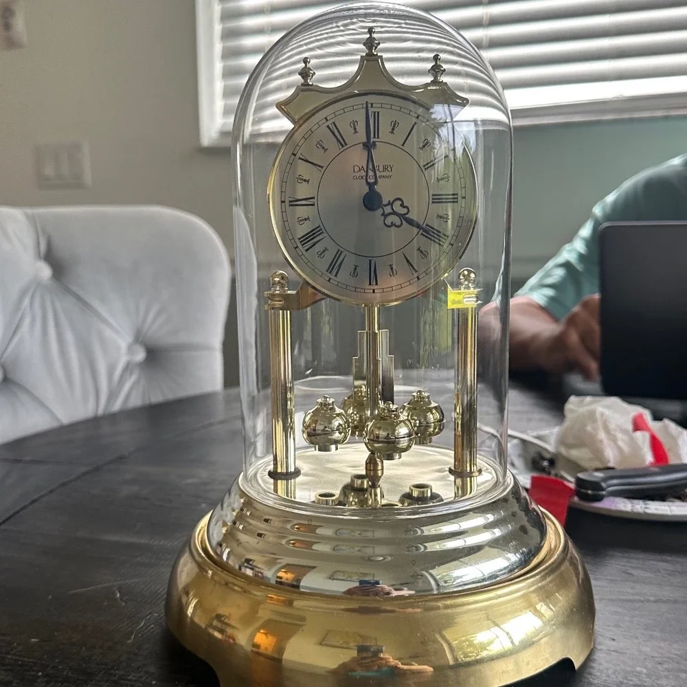 Vintage Danbury Clock Co Anniversary Clock Glass Dome Rotating Pendulum Working